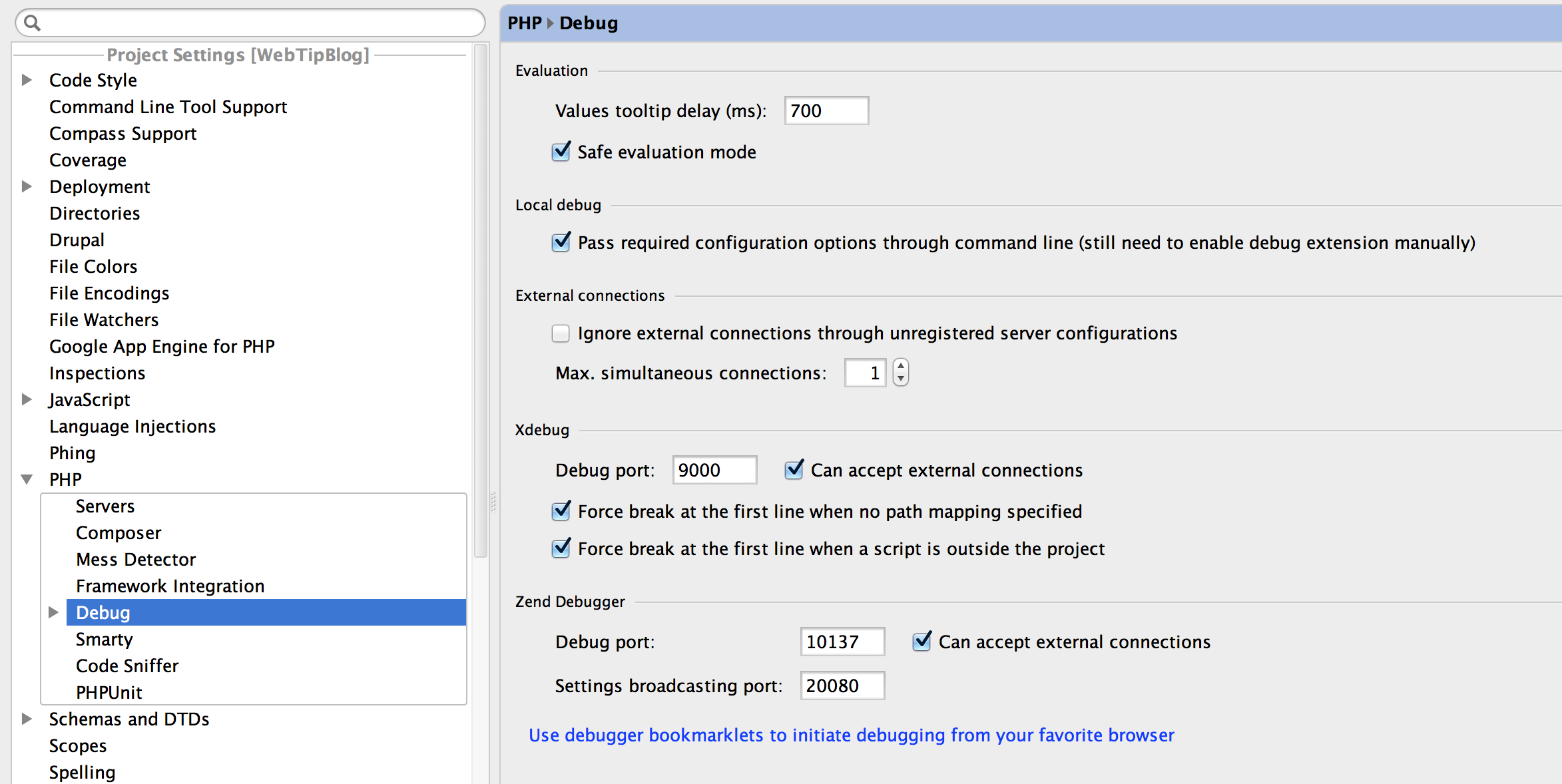 PHPStorm Debug Menu